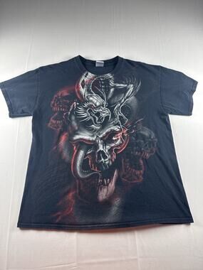 Y2K Skull Dragon Graphic T Shirt Mens Large Black Gothic Biker Style Tee
